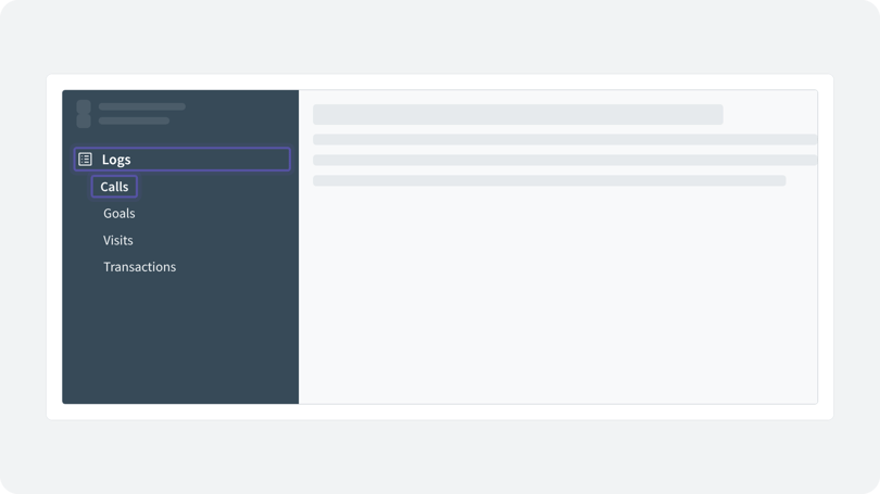 Infinity Platform Logs menu with Calls selected, and Logs and Calls highlighted
