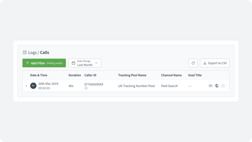 Calls Log with Add Filter, Date Range set to Last Month, Export to CSV and one call listed