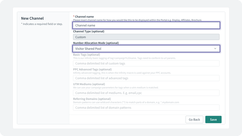 New Channel form with the Channel name and Number Allocation Mode fields highlighted