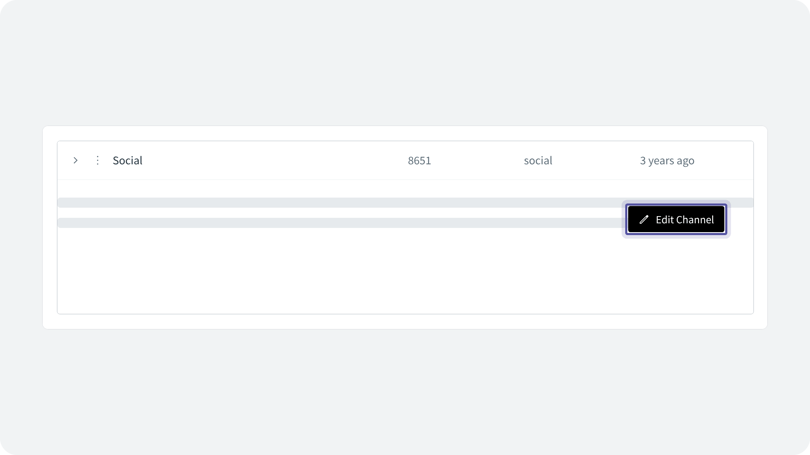 Social channel row in the Channels list with the Edit Channel option highlighted