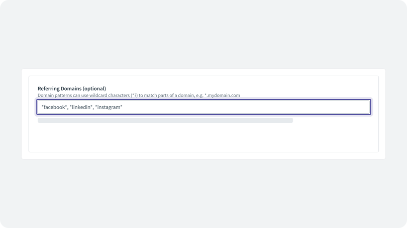 Referring Domains field with the example patterns facebook, linkedin and instagram, highlighted