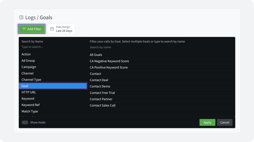 Infinity Goals log filter with Add Filter and the Goal filter option highlighted.