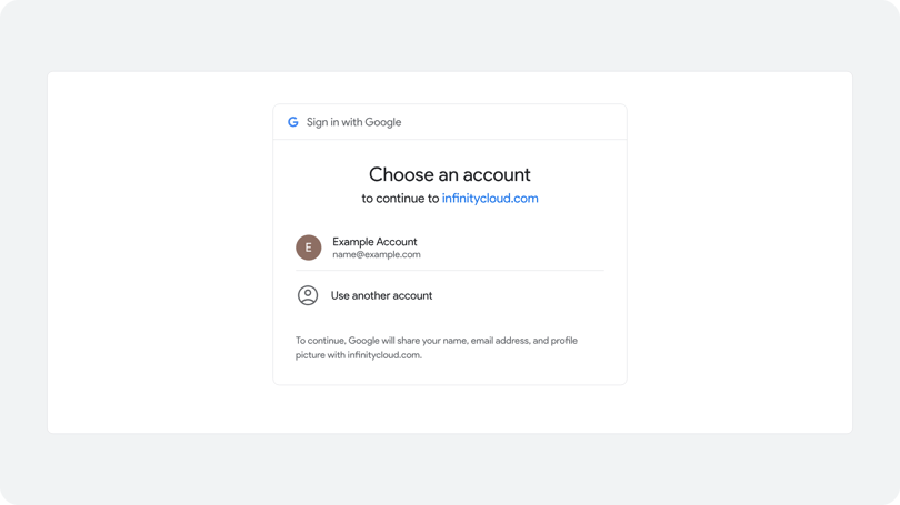 Google sign-in window asking which account to use to continue to the Infinity app