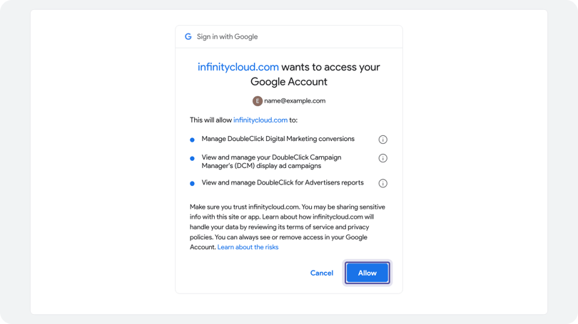 Google consent screen asking to allow the Infinity app to manage DoubleClick conversions and Campaign Manager campaigns, with the Allow button highlighted