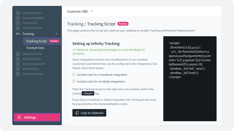 Settings menu with Tracking Script selected under the Tracking section in the left navigation