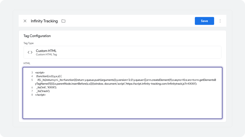 Google Tag Manager Tag Configuration with the Infinity snippet pasted into the Custom HTML field