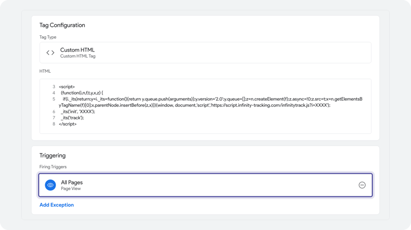 Google Tag Manager Triggering panel with the All Pages trigger selected